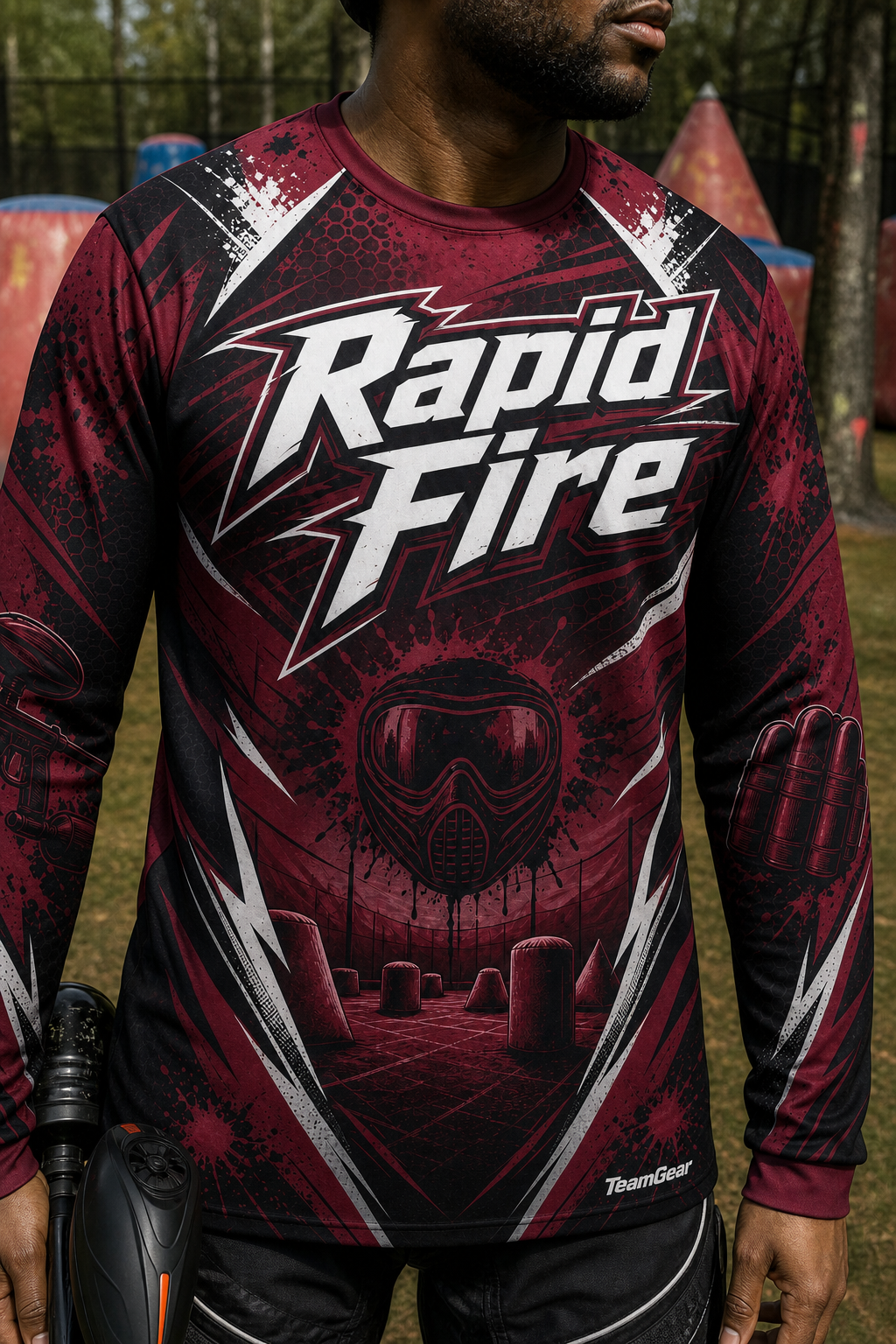 Rapid Fire Maroon Long Sleeve Paintball Jersey — custom paintball jersey worn on model — TeamGear Canada