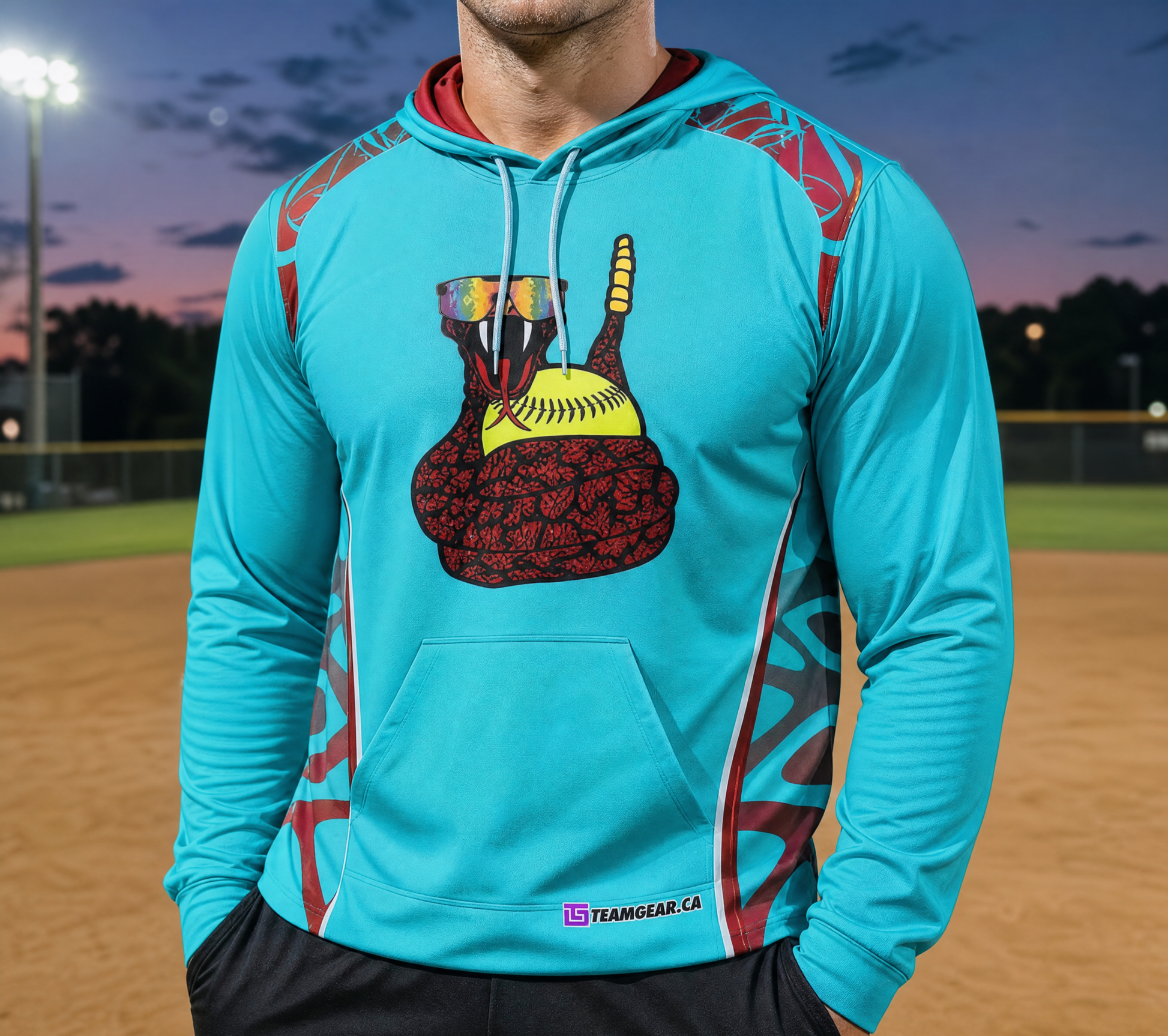 Rattlesnakes Blue Softball Hoodie — custom softball hoodie worn on model — TeamGear Canada
