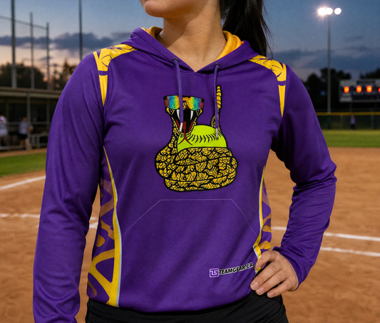 Rattlesnakes Purple Softball Hoodie — custom softball hoodie worn on model — TeamGear Canada