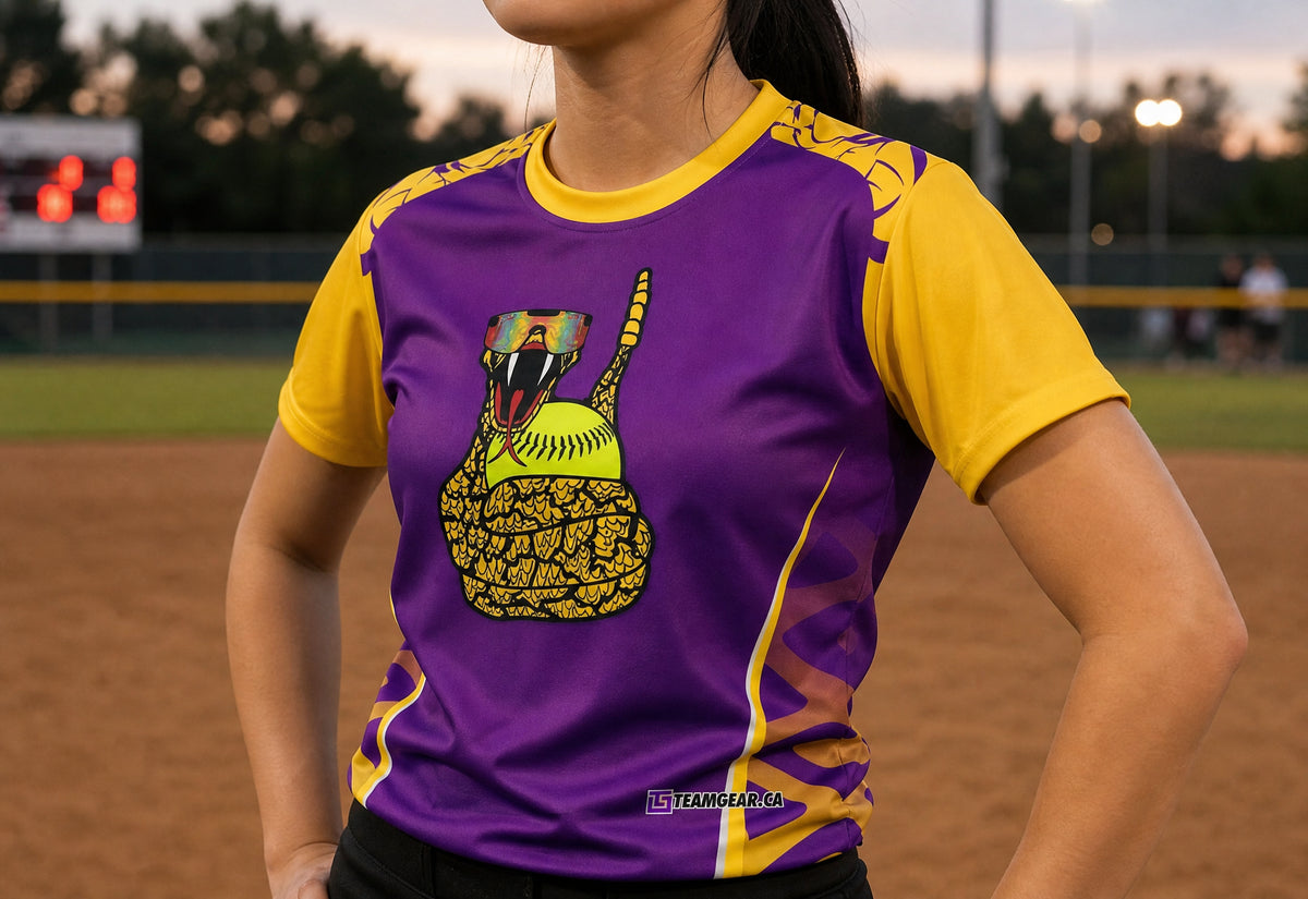 Rattlesnakes Purple Softball Jersey — custom softball jersey worn on model — TeamGear Canada