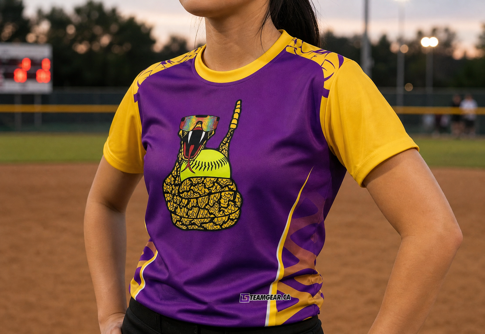 Rattlesnakes Purple Softball Jersey — custom softball jersey worn on model — TeamGear Canada