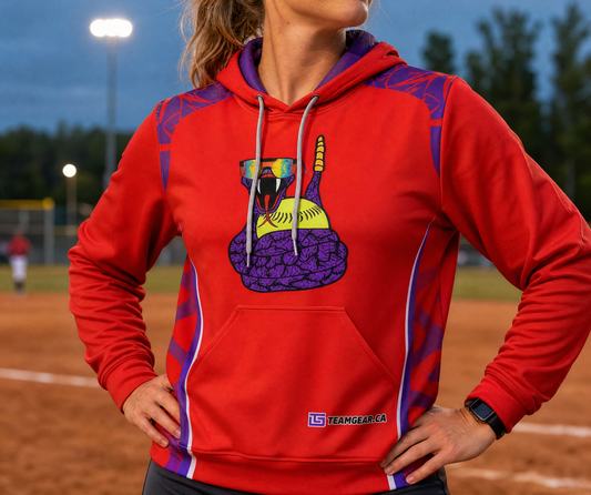Rattlesnakes Red Softball Hoodie — custom softball hoodie worn on model — TeamGear Canada