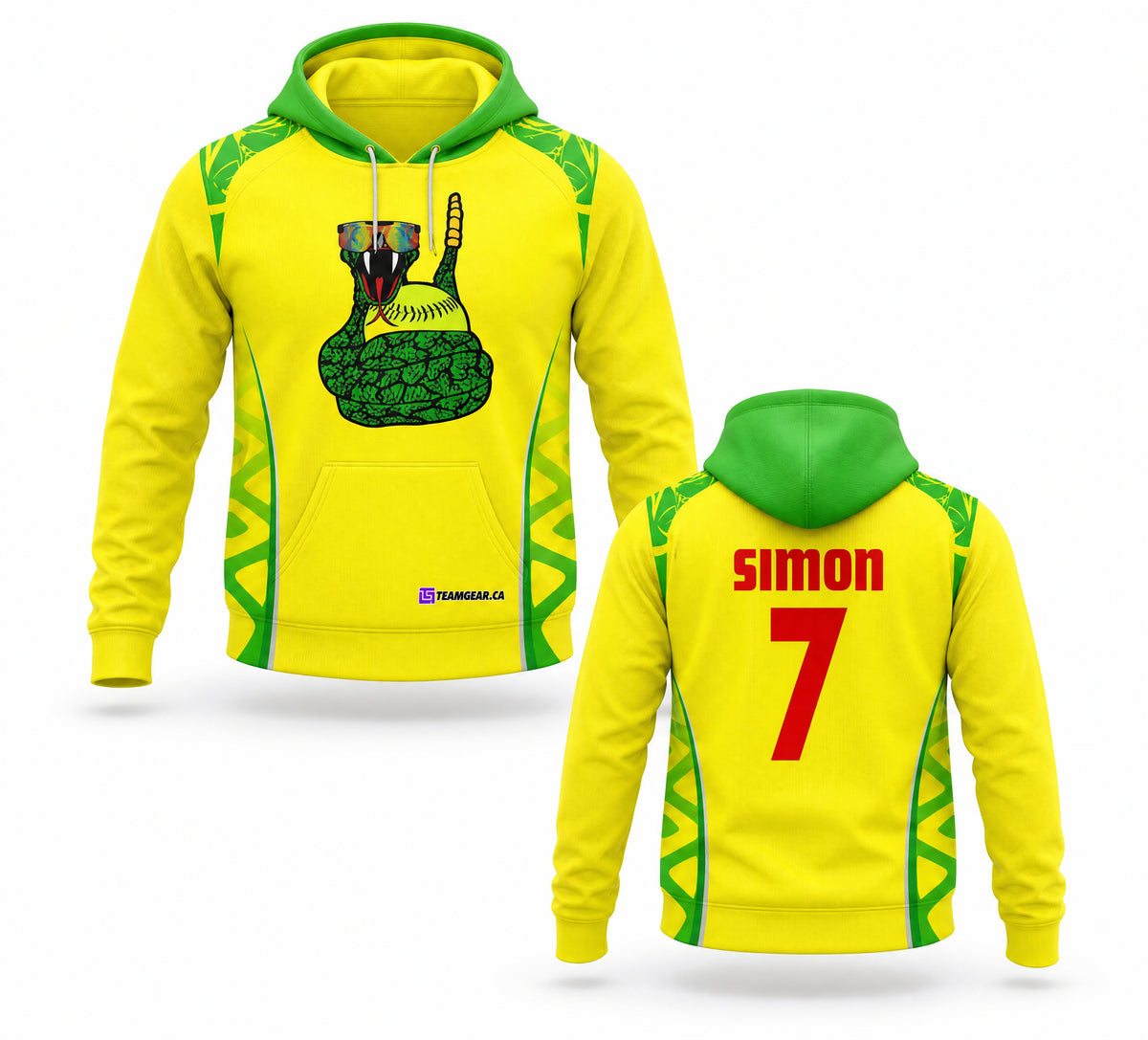 Rattlesnakes Yellow Softball Hoodie - front and back view