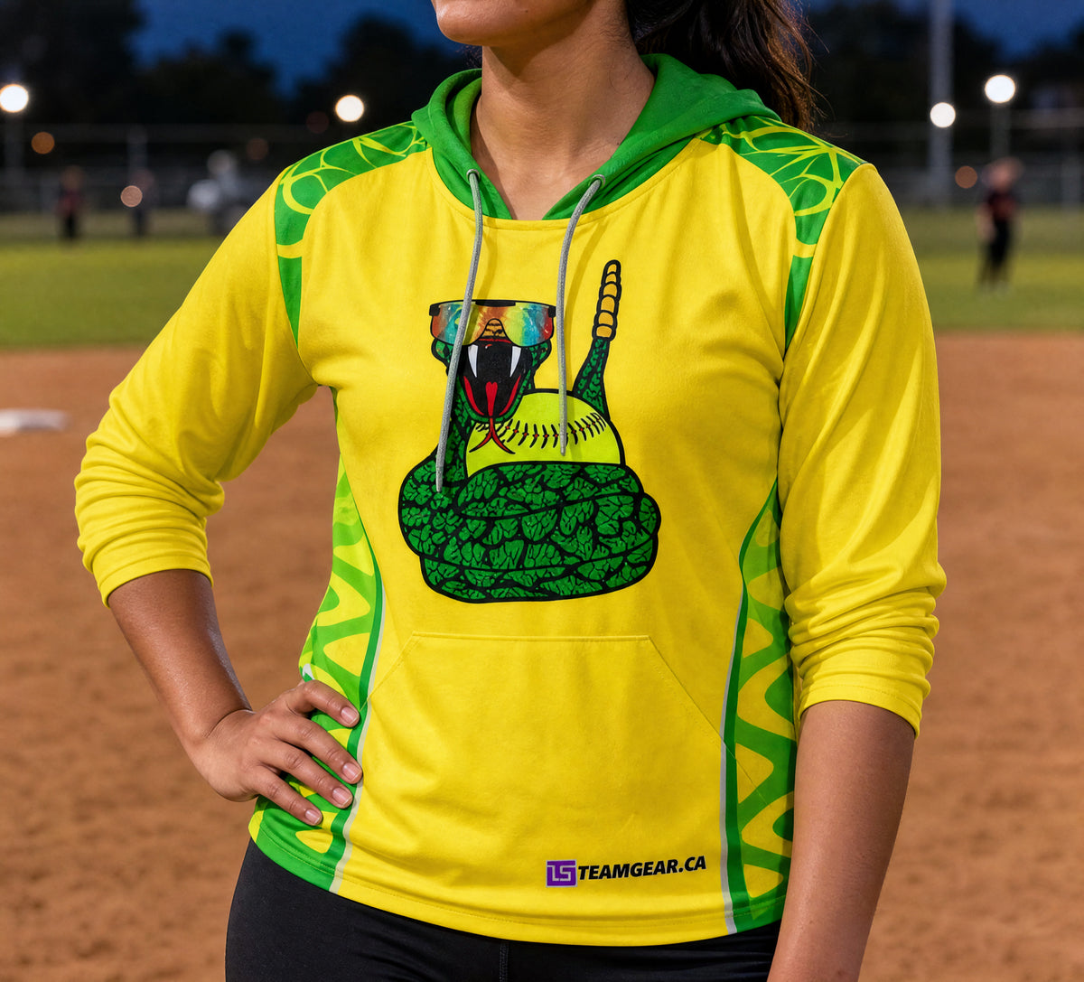 Rattlesnakes Yellow Softball Hoodie — custom softball hoodie worn on model — TeamGear Canada