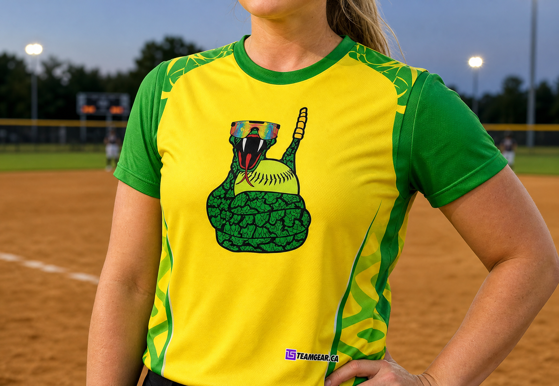 Rattlesnakes Yellow Softball Jersey — custom softball jersey worn on model — TeamGear Canada