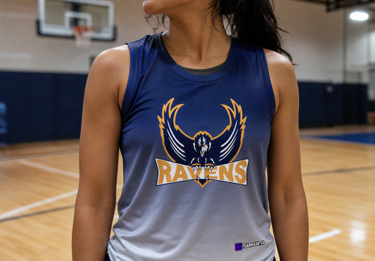Ravens Blue Basketball Jersey — custom basketball jersey worn on model — TeamGear Canada