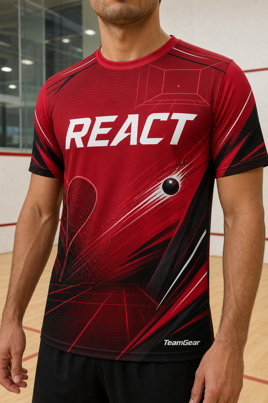 REACT Crimson Racquetball Jersey — custom racquetball jersey worn on model — TeamGear Canada