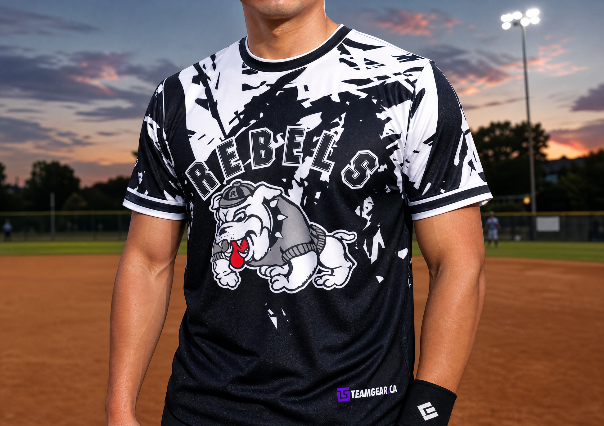 Rebels Black Softball Jersey — custom softball jersey worn on model — TeamGear Canada
