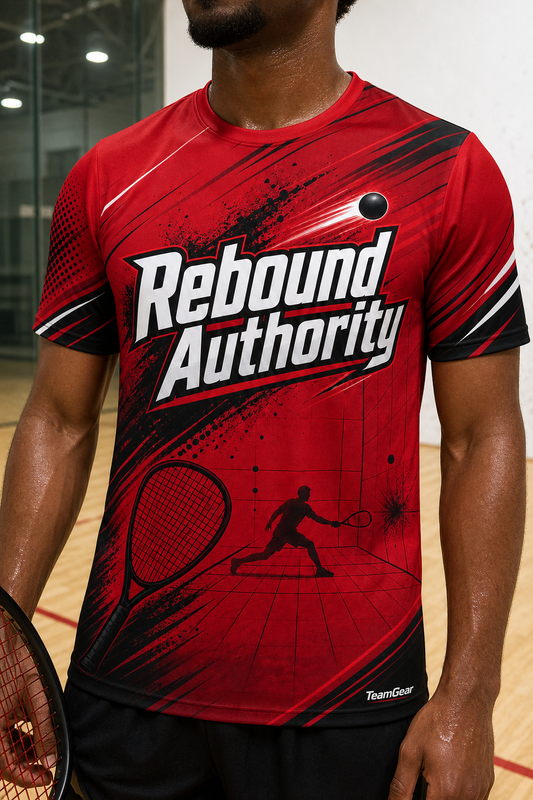 Rebound Authority Crimson Racquetball Jersey — custom racquetball jersey worn on model — TeamGear Canada