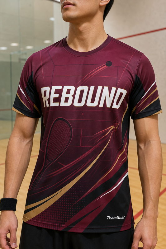 REBOUND Maroon Racquetball Jersey — custom racquetball jersey worn on model — TeamGear Canada
