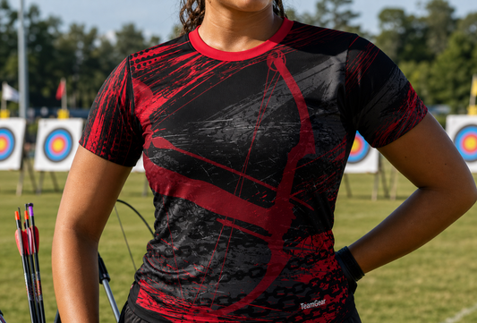 Red and Black Archery Jersey — custom archery jersey worn on model — TeamGear Canada