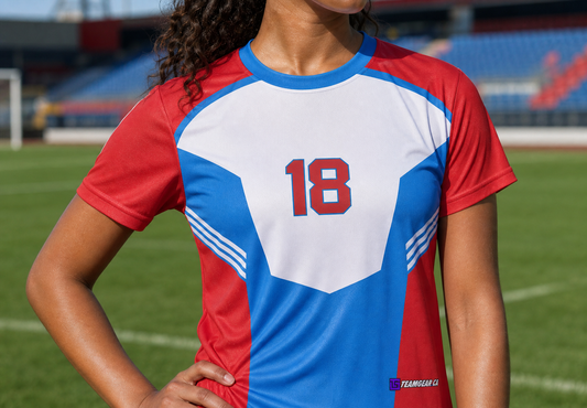Red and Blue Soccer Jersey — custom soccer jersey worn on model — TeamGear Canada