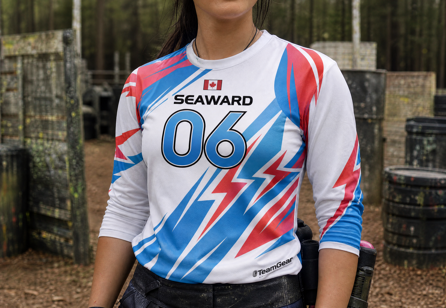 Red and Blue Zig Zag Paintball Jersey — custom paintball jersey worn on model — TeamGear Canada