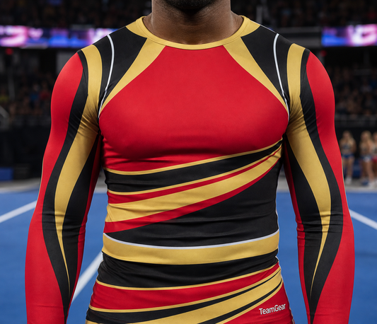 Red and Gold Cheerleading Uniform — custom cheerleading team apparel worn on model — TeamGear Canada