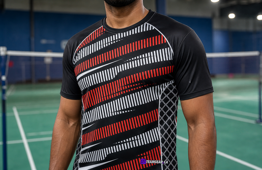 Red and White Badminton Jersey — custom badminton jersey worn on model — TeamGear Canada