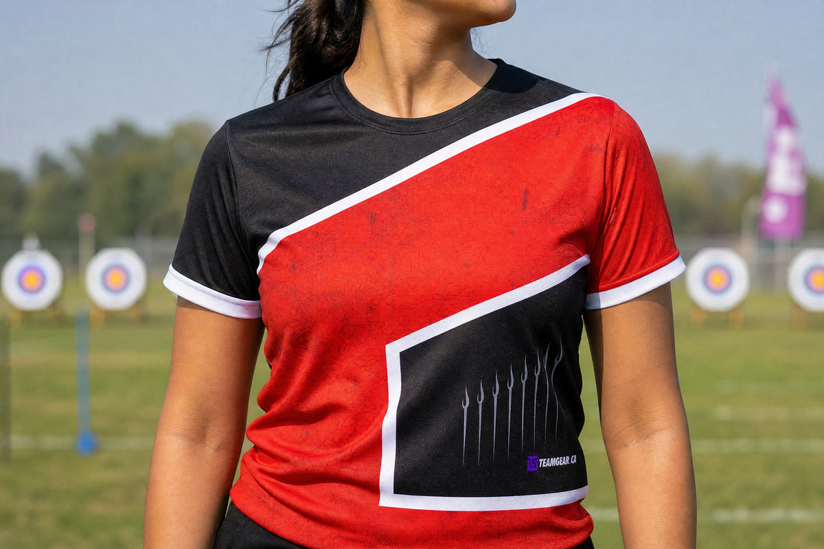 Red Arrow Archery Jersey — custom archery jersey worn on model — TeamGear Canada