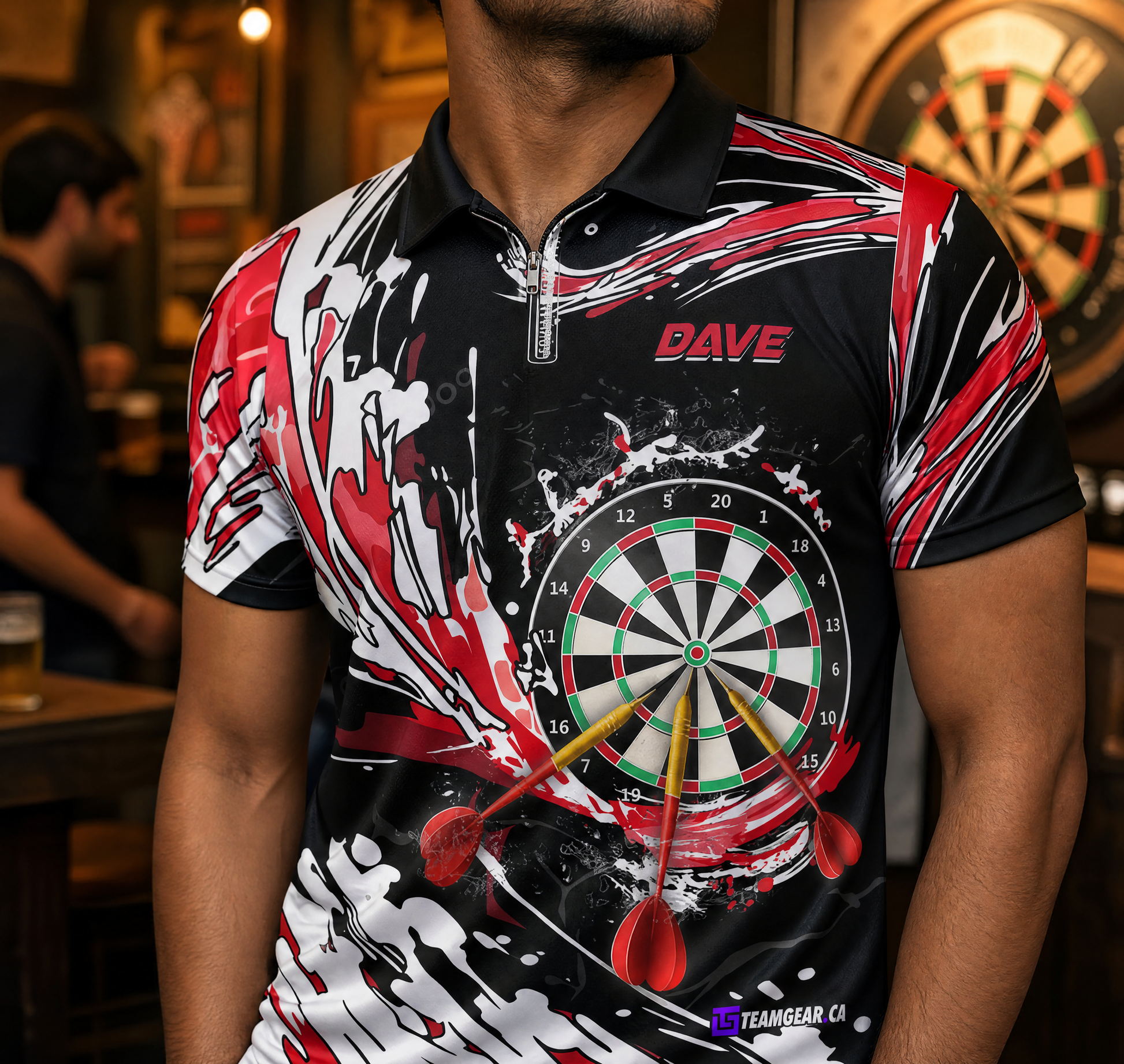 Red Competitive Darts Jersey — custom darts jersey worn on model — TeamGear Canada