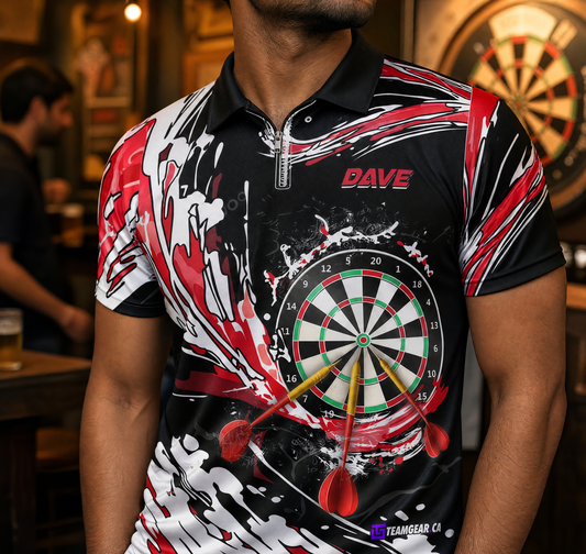 Red Competitive Darts Jersey — custom darts jersey worn on model — TeamGear Canada