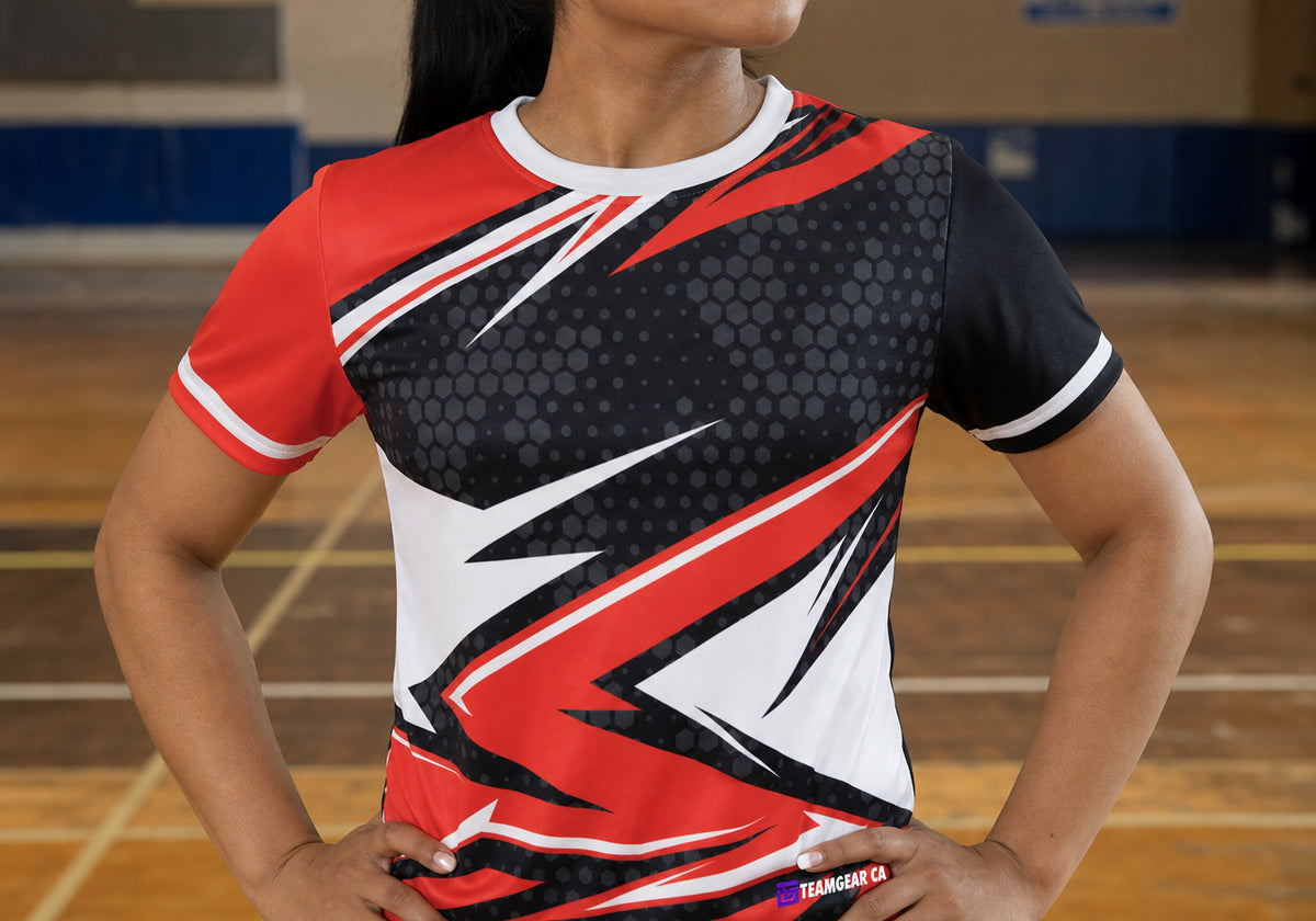 Red Dodgeball Jersey — custom dodgeball jersey worn on model — TeamGear Canada