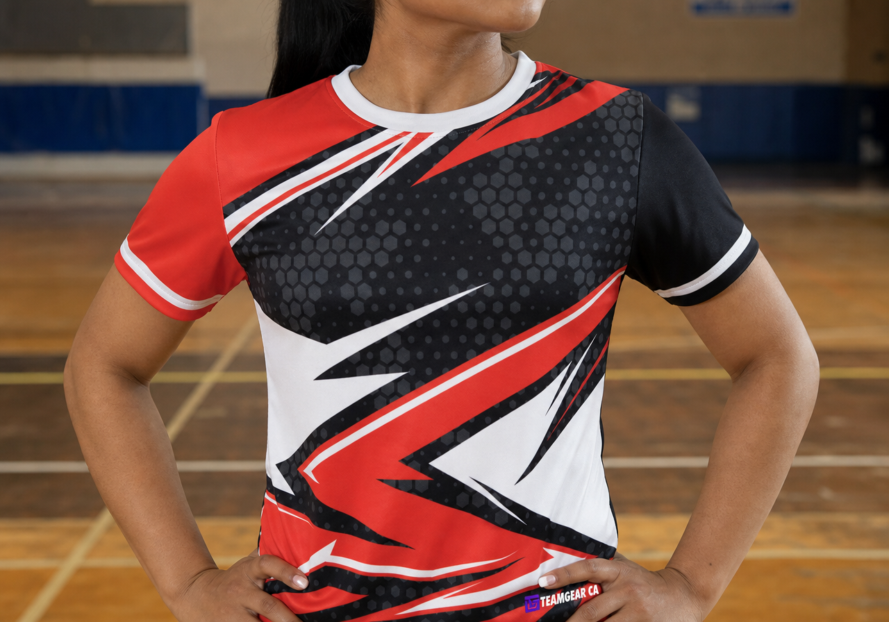 Red Dodgeball Jersey — custom dodgeball jersey worn on model — TeamGear Canada