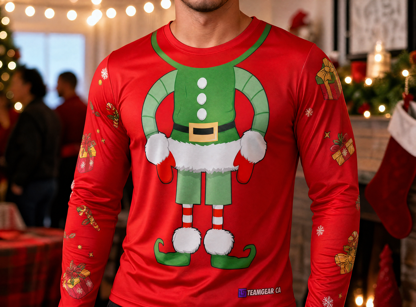 Red Elf Ugly Christmas Sweater — custom christmas team apparel worn on model — TeamGear Canada