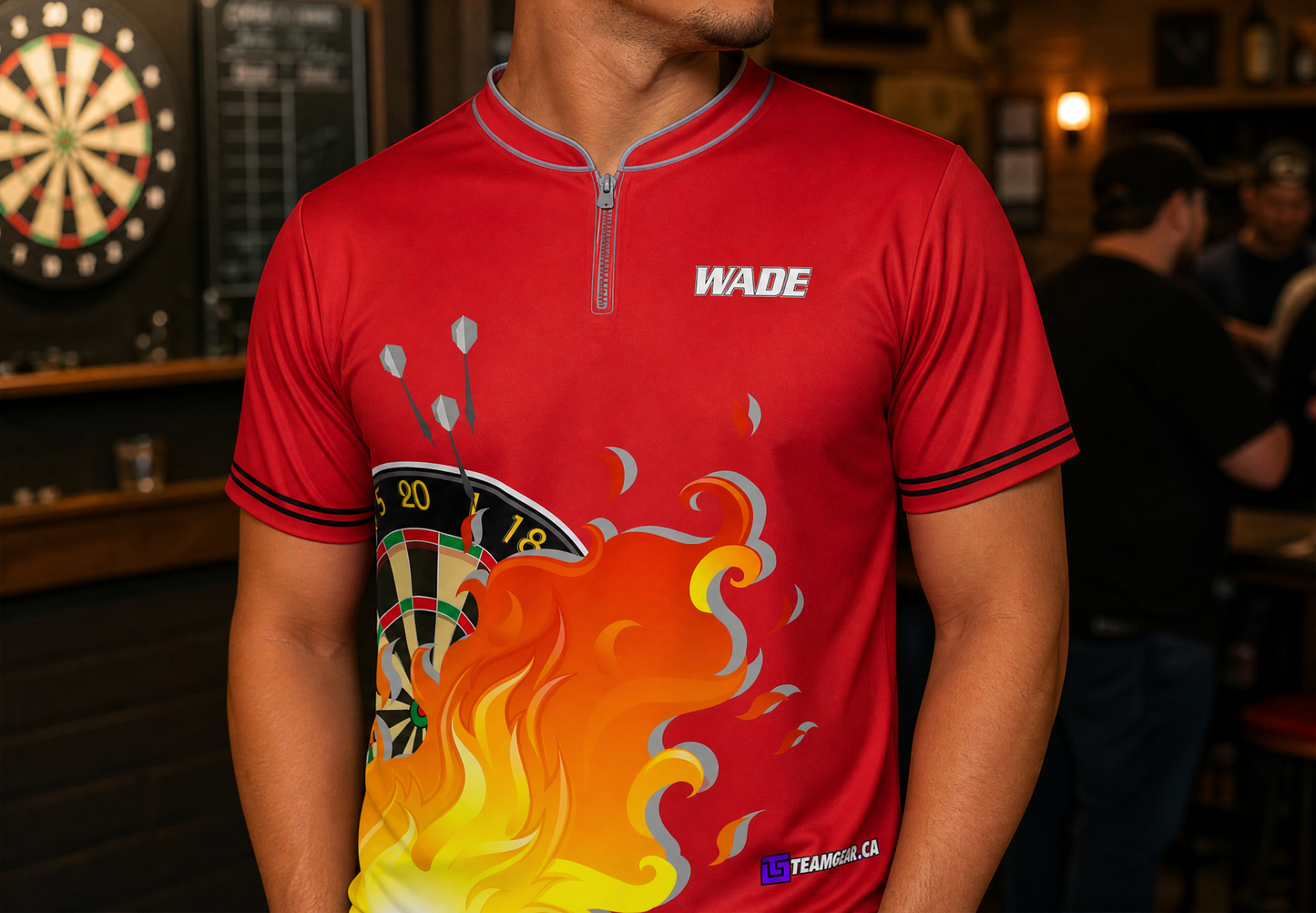Red Flames Competitive Darts Jersey — custom darts jersey worn on model — TeamGear Canada