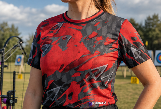 Red Hunting Archery Jersey — custom archery jersey worn on model — TeamGear Canada
