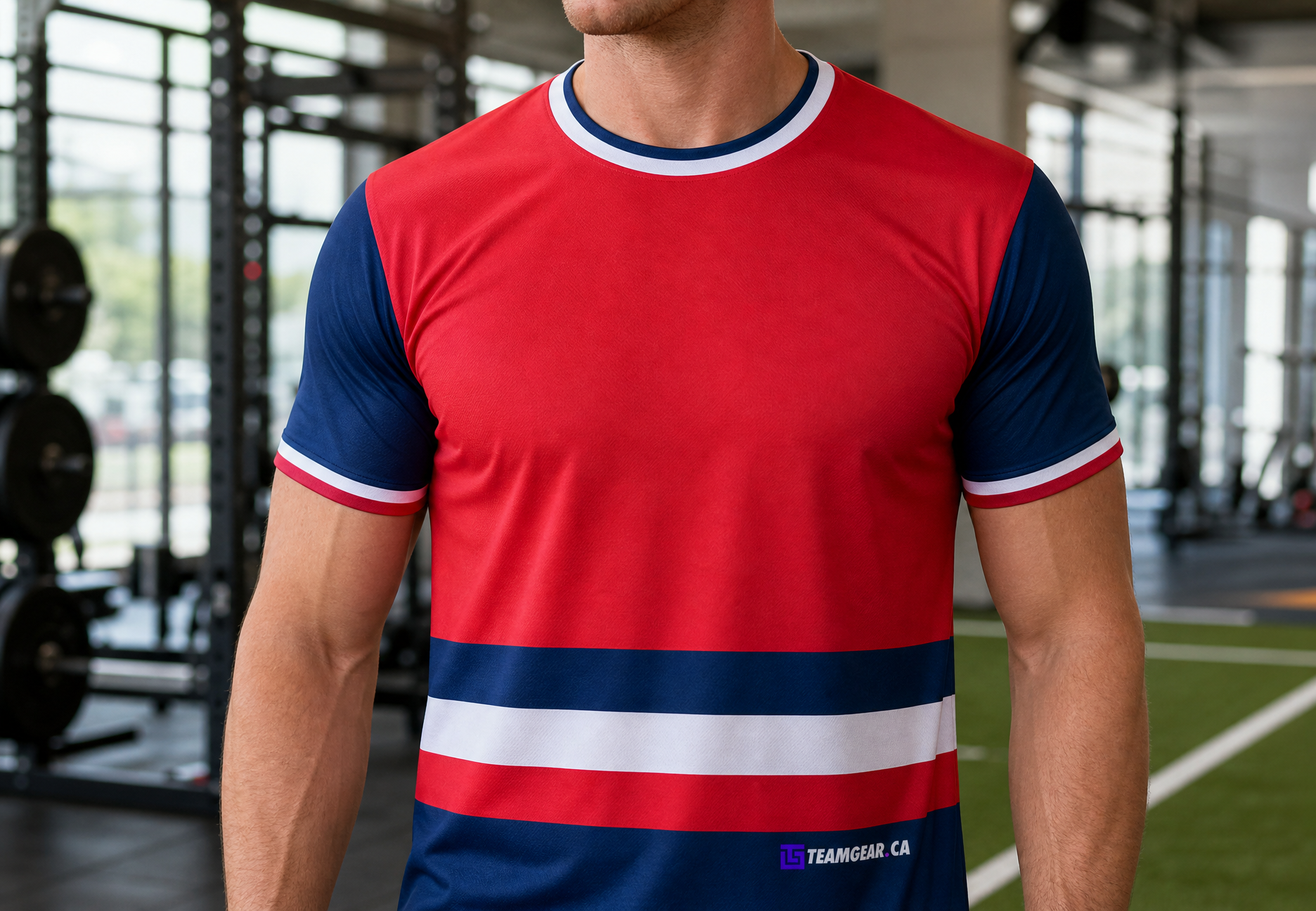 Red, White and Blue Stripe Jersey — custom jersey worn on model — TeamGear Canada