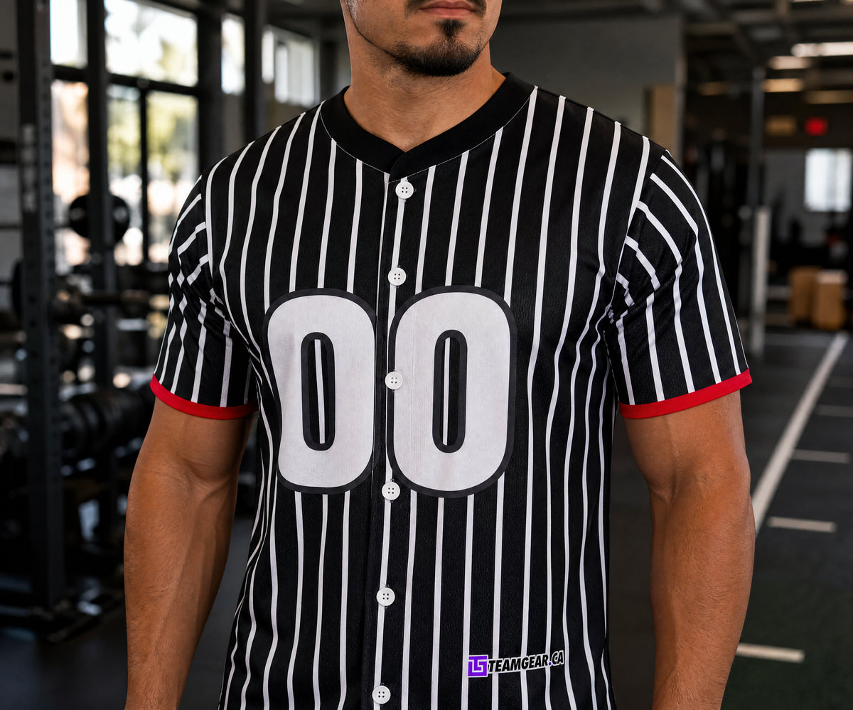 Referee Black and White Striped Jersey — custom jersey worn on model — TeamGear Canada