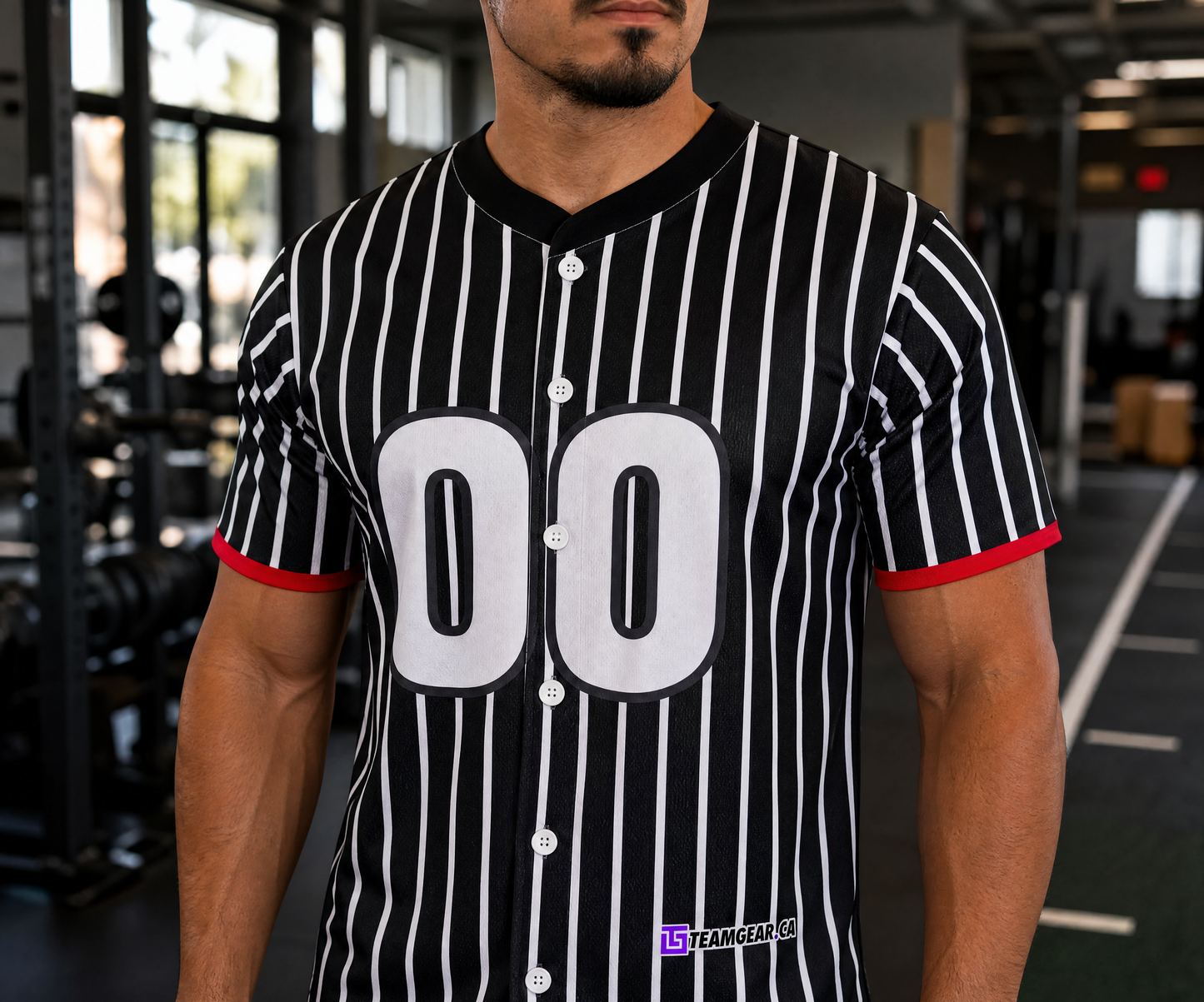 Referee Black and White Striped Jersey — custom jersey worn on model — TeamGear Canada