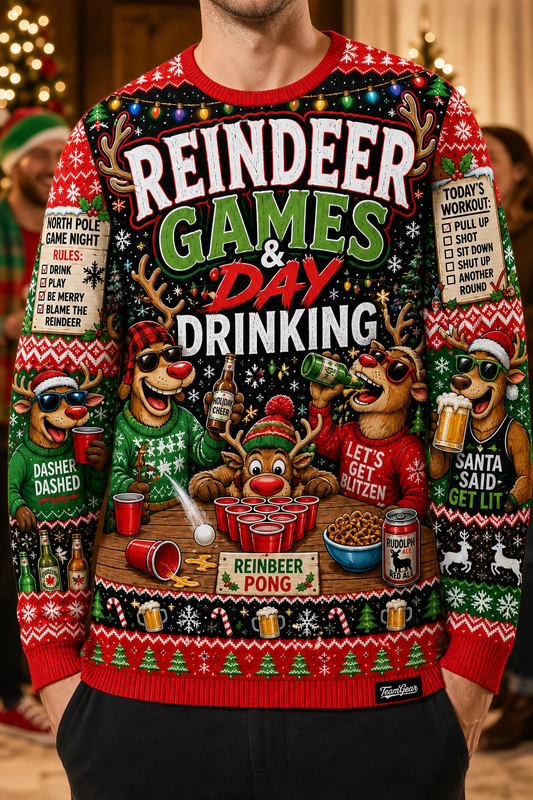 Reindeer Games & Day Drinking Ugly Christmas Sweater — custom christmas team apparel worn on model — TeamGear Canada