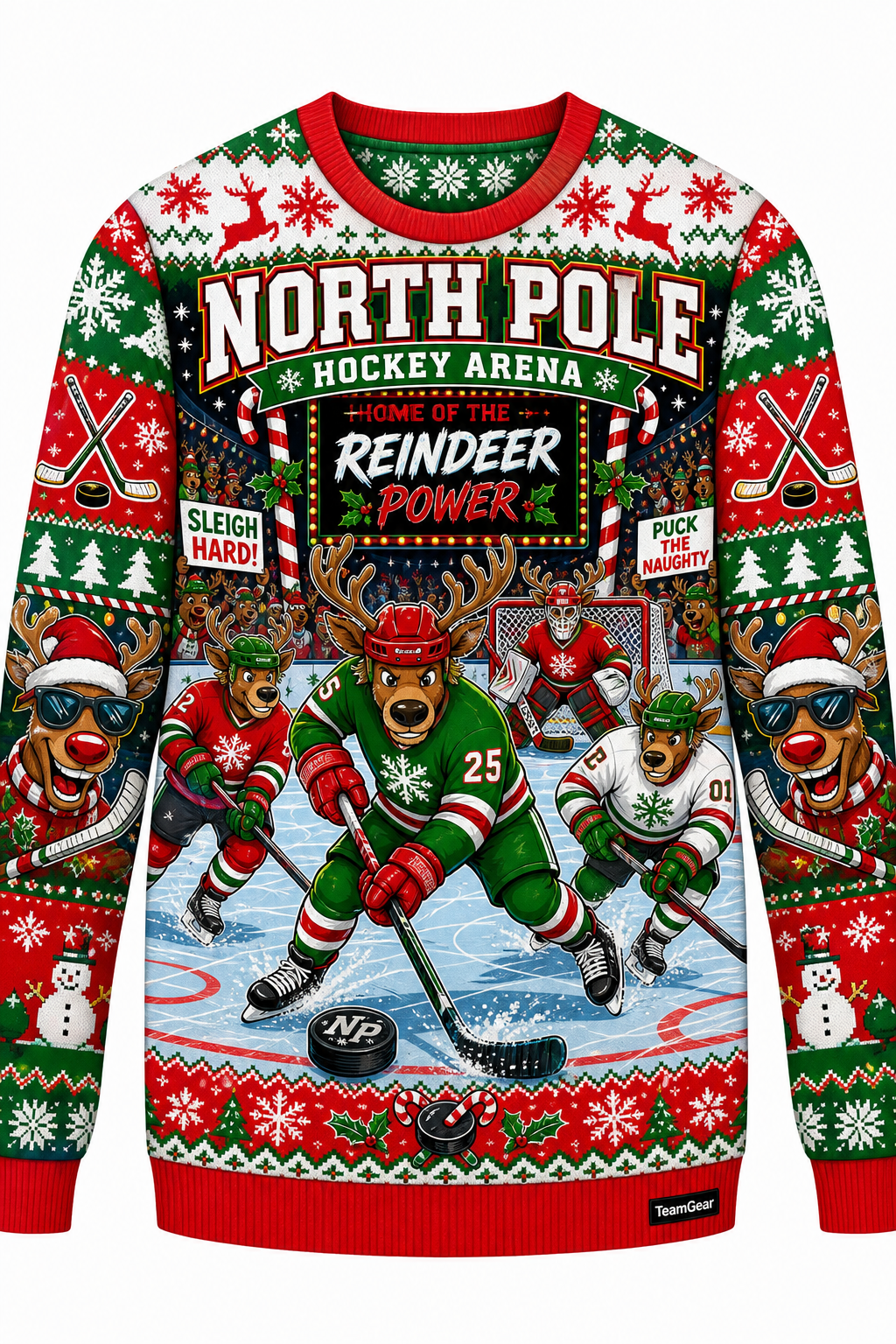 Reindeer Playing Hockey Ugly Christmas Sweater design