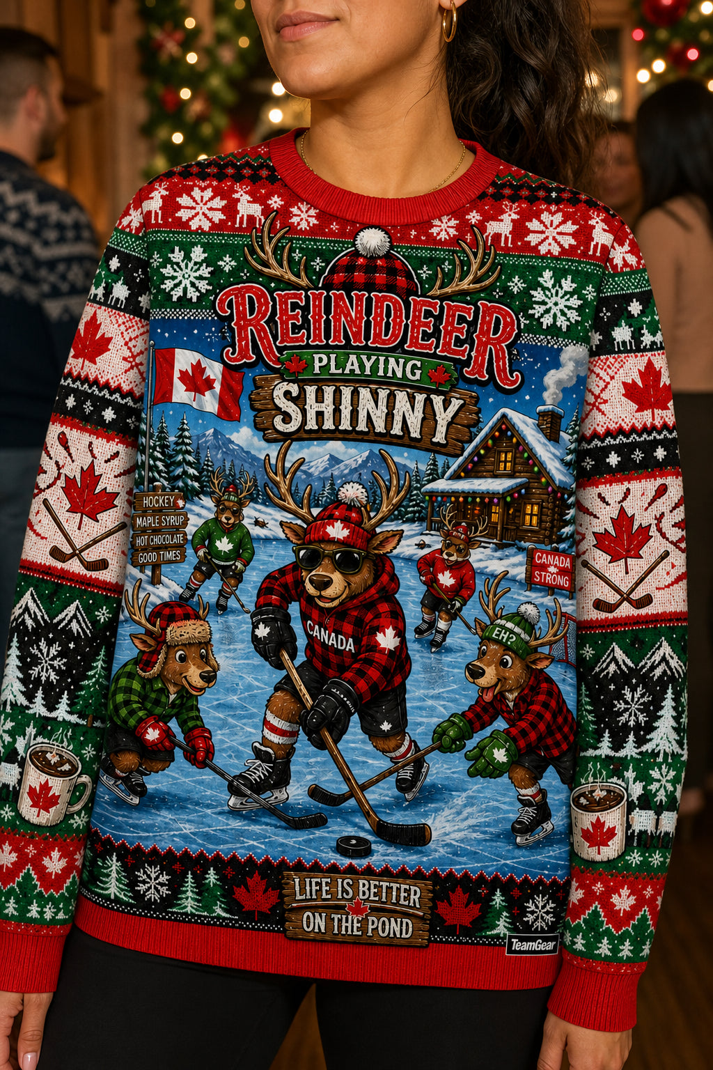 Reindeer Playing Shinny Ugly Christmas Sweater — custom christmas team apparel worn on model — TeamGear Canada