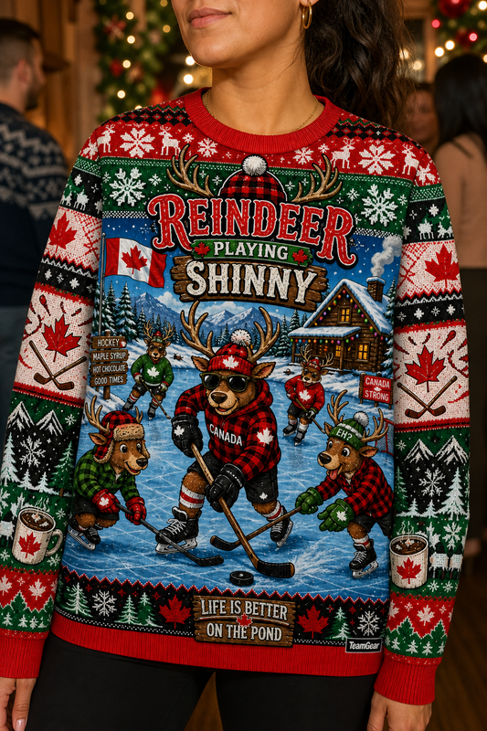 Reindeer Playing Shinny Ugly Christmas Sweater — custom christmas team apparel worn on model — TeamGear Canada