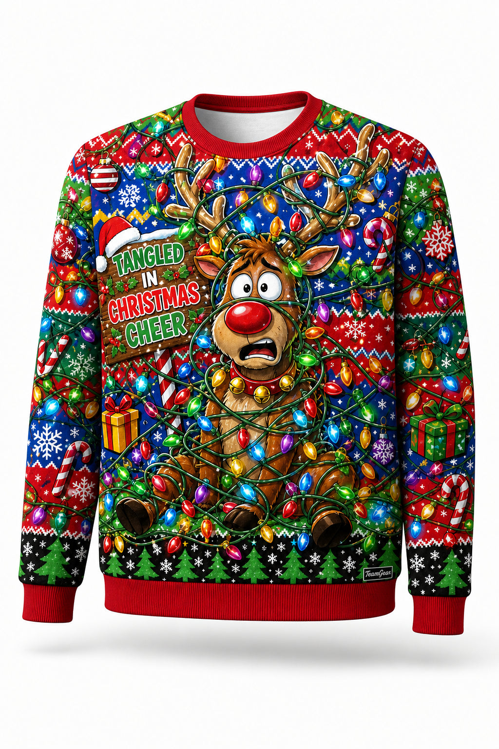Reindeer Tangled in Christmas Lights Ugly Christmas Sweater - front and back view