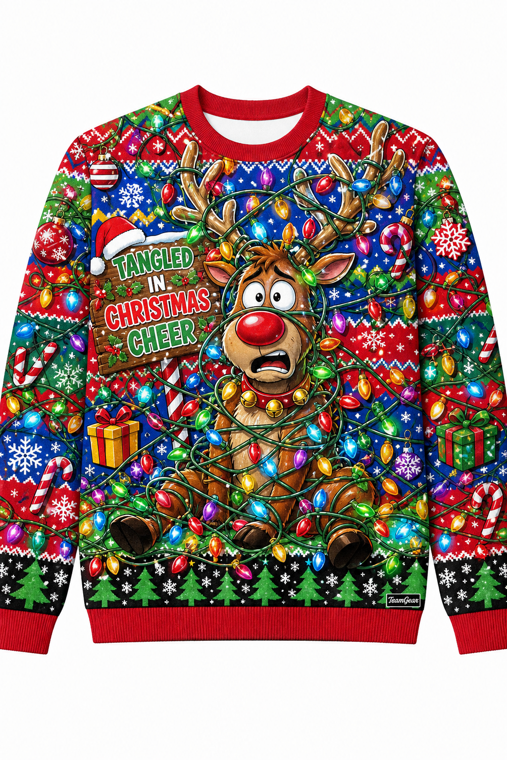 Reindeer Tangled in Christmas Lights Ugly Christmas Sweater design