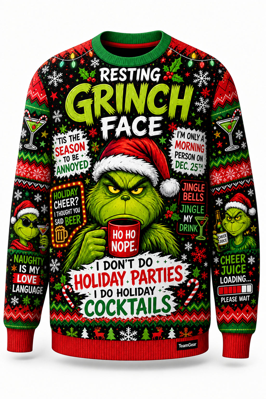 Resting Grinch Face Ugly Christmas Sweater - front and back view