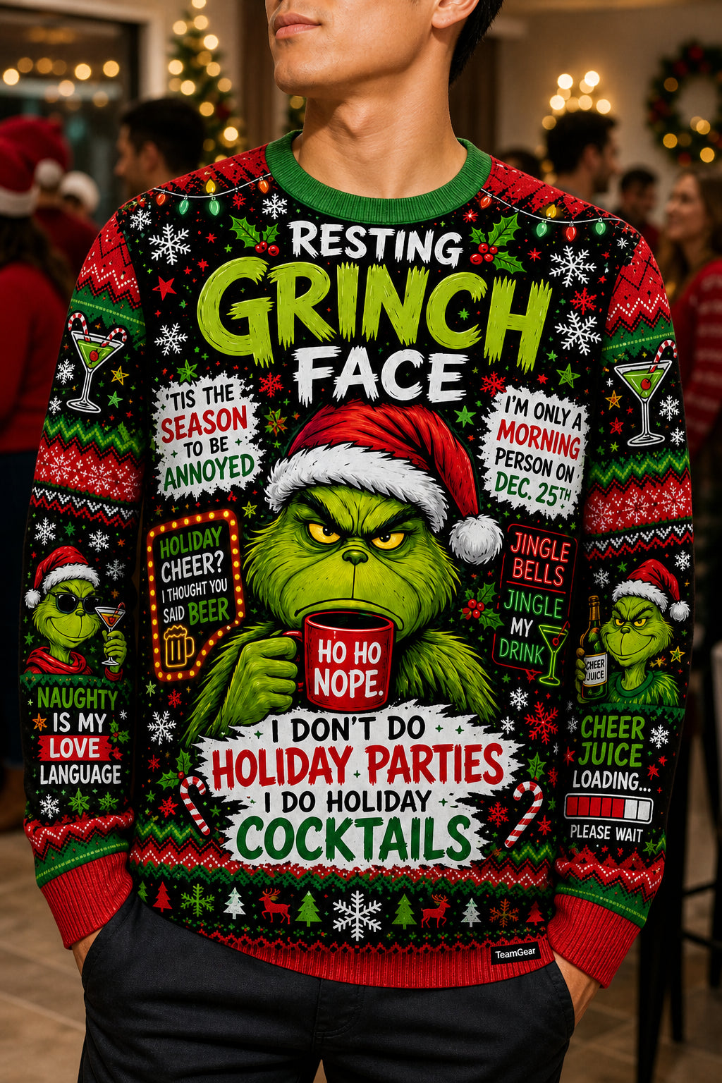 Resting Grinch Face Ugly Christmas Sweater — custom christmas team apparel worn on model — TeamGear Canada