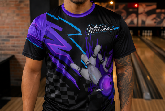 Retro Purple Bowling Jersey — custom bowling jersey worn on model — TeamGear Canada