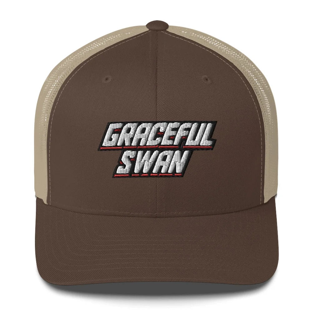 Graceful Swan ShowZone Trucker Hat in brown with khaki back