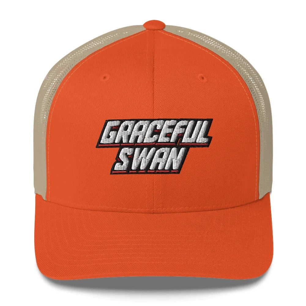 Graceful Swan ShowZone Trucker Hat in orange with khaki back