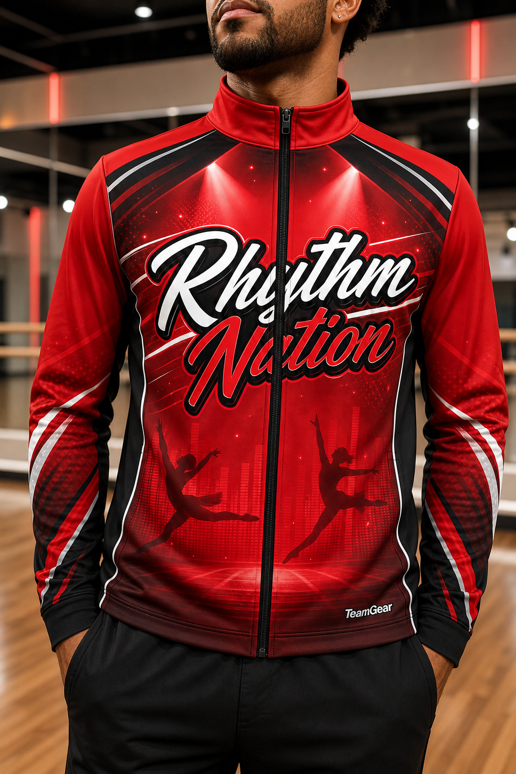 Rhythm Nation Red Dance Jacket — custom dance jacket worn on model — TeamGear Canada