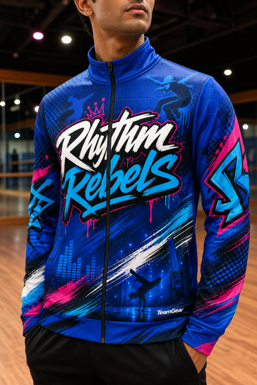 Rhythm Rebels Blue Dance Jacket — custom dance jacket worn on model — TeamGear Canada