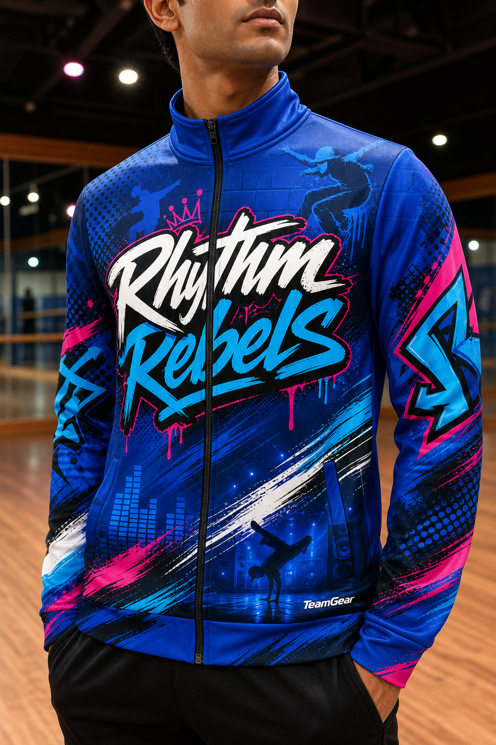 Rhythm Rebels Blue Dance Jacket — custom dance jacket worn on model — TeamGear Canada
