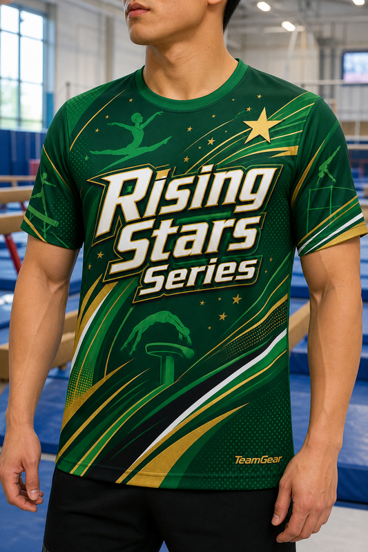 Rising Stars Series Green Gymnastics Jersey — custom gymnastics jersey worn on model — TeamGear Canada