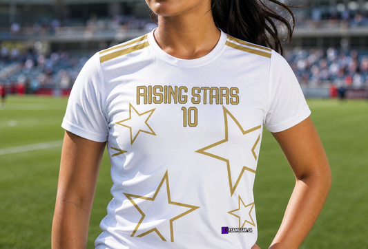 Rising Stars White Soccer Jersey — custom soccer jersey worn on model — TeamGear Canada