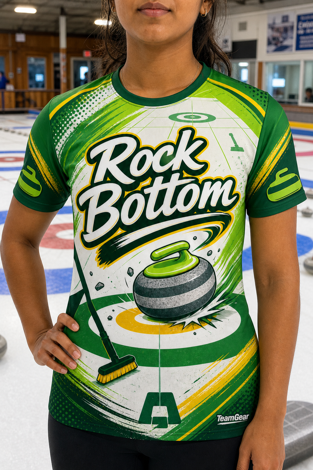 Rock Bottom Green Curling Jersey — custom curling jersey worn on model — TeamGear Canada