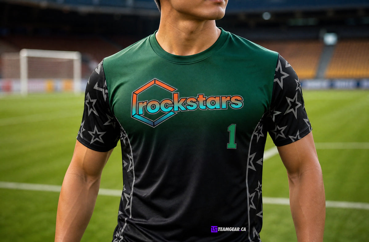 Rockstars Black and Green Soccer Jersey — custom soccer jersey worn on model — TeamGear Canada