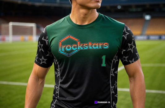 Rockstars Black and Green Soccer Jersey — custom soccer jersey worn on model — TeamGear Canada