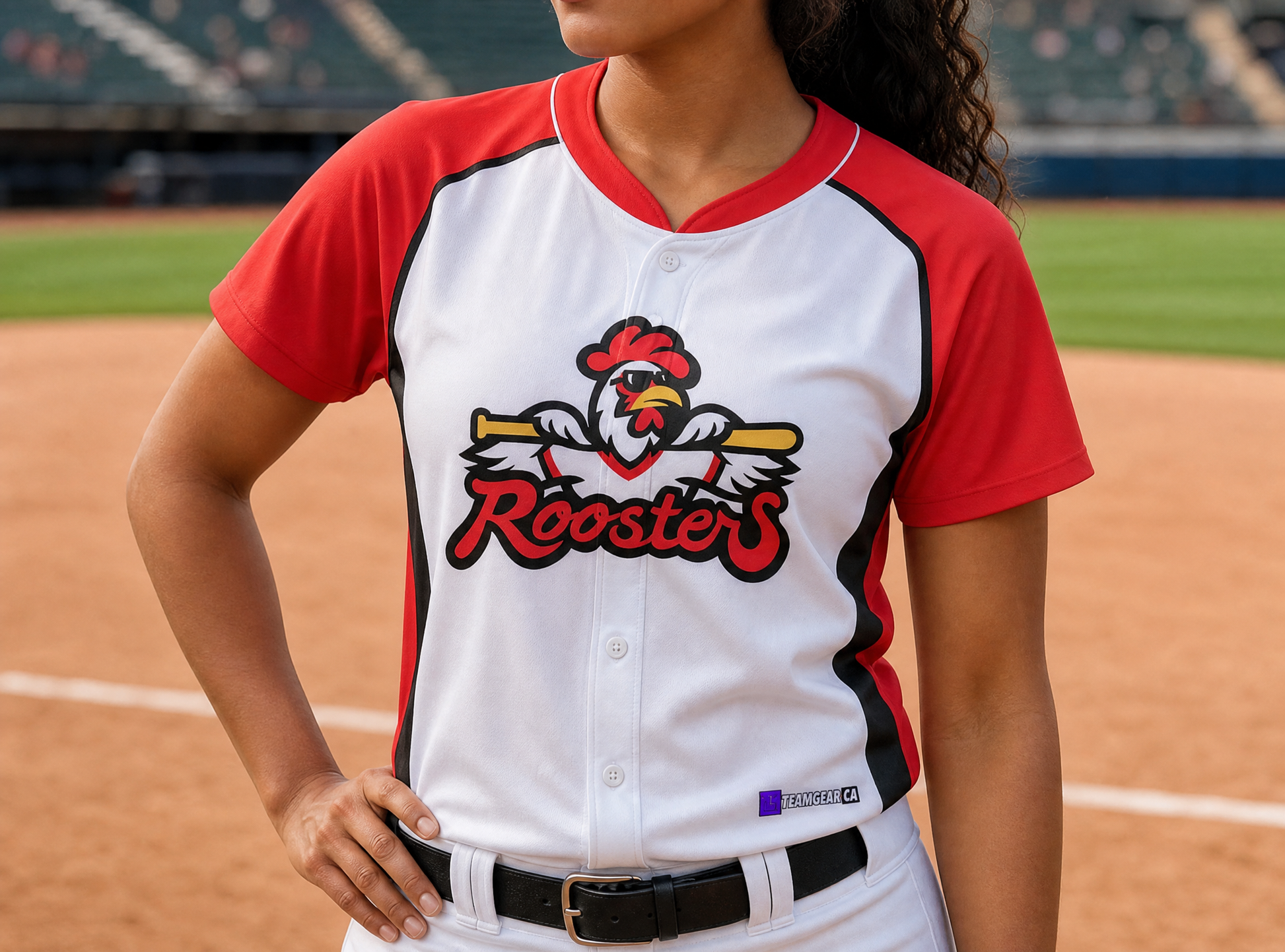Roosters Baseball Jersey — custom baseball jersey worn on model — TeamGear Canada